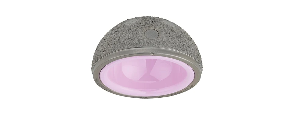 Acetabular cup: a porous titanium shell with a pink ceramic bearing insert