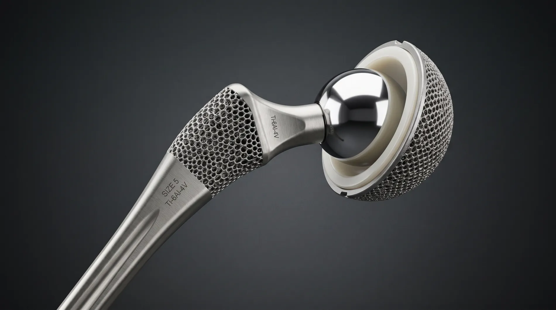 Total hip replacement implant: titanium femoral stem with porous lattice surface, polished femoral head and acetabular cup with polyethylene liner