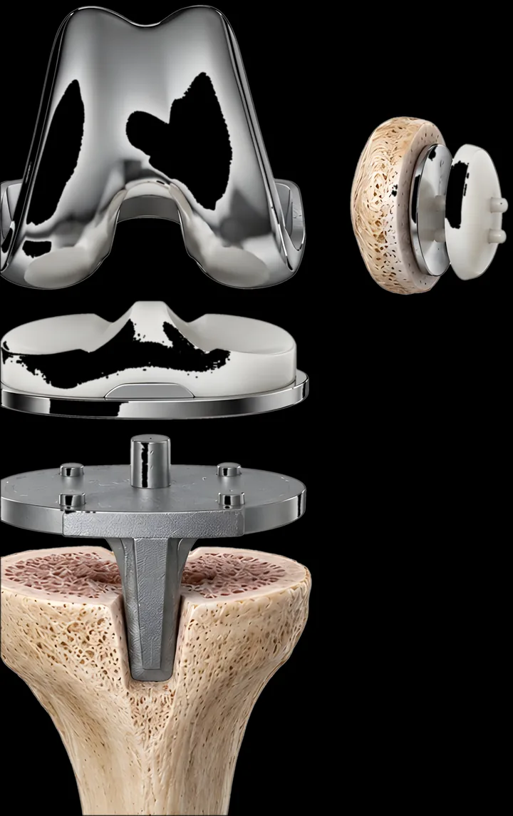 Exploded view of a total knee replacement on black: femoral component, polyethylene insert, tibial tray and patellar component