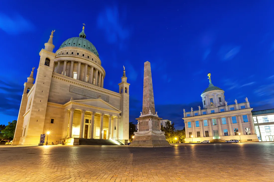 St Nicholas Church and the Old Market square in Potsdam at blue hour