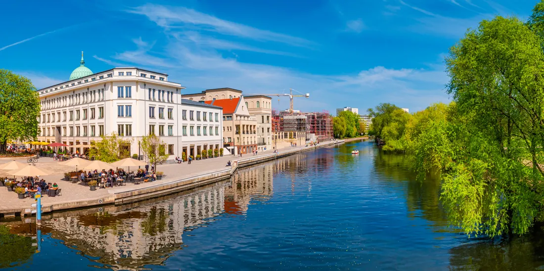 Café terraces along the Havel waterfront promenade in Potsdam in spring
